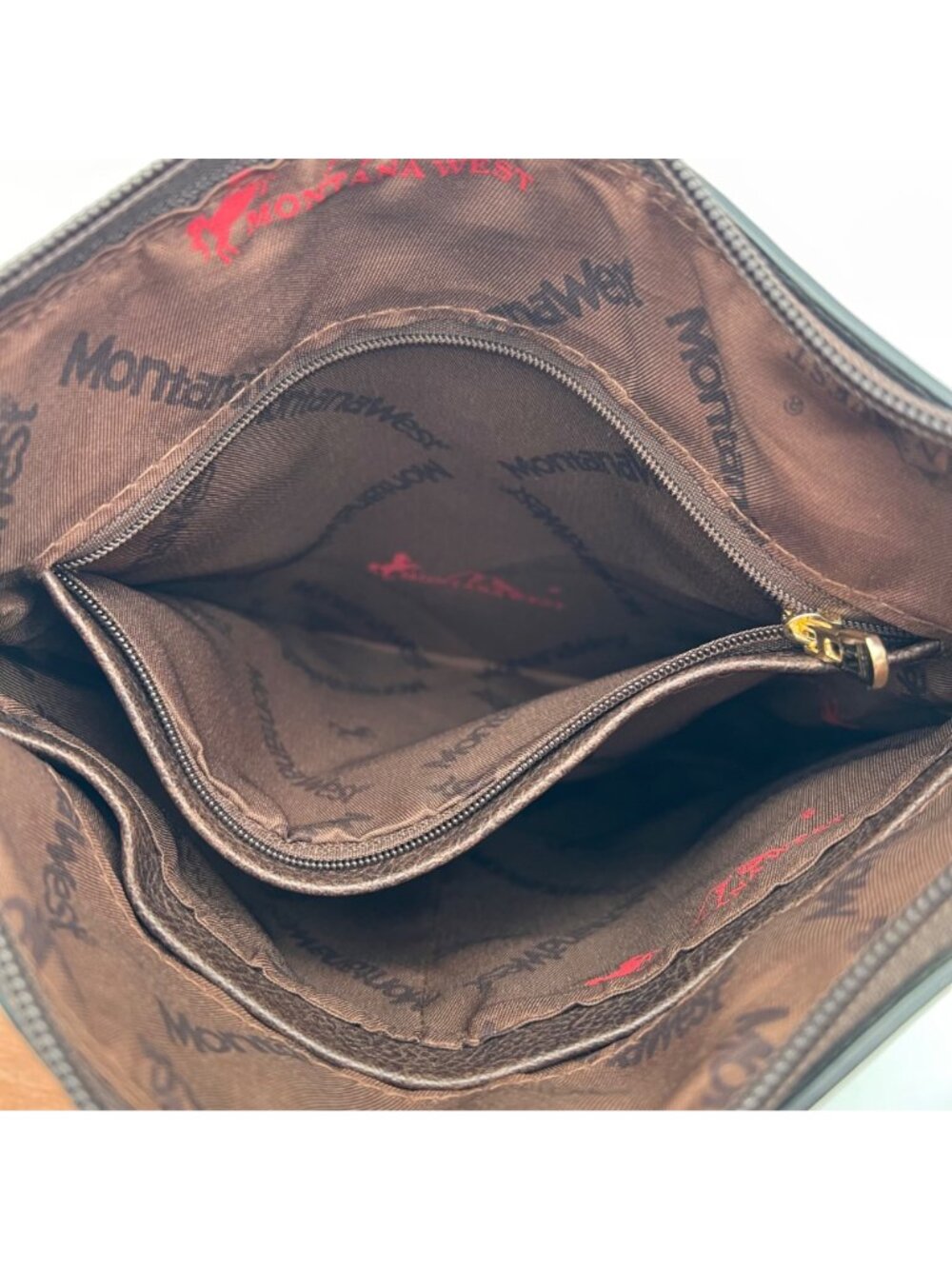 Montana West Brown Faux Leather Crossbody Bag Gold Accents Zippered Compartments - Picture 10 of 14